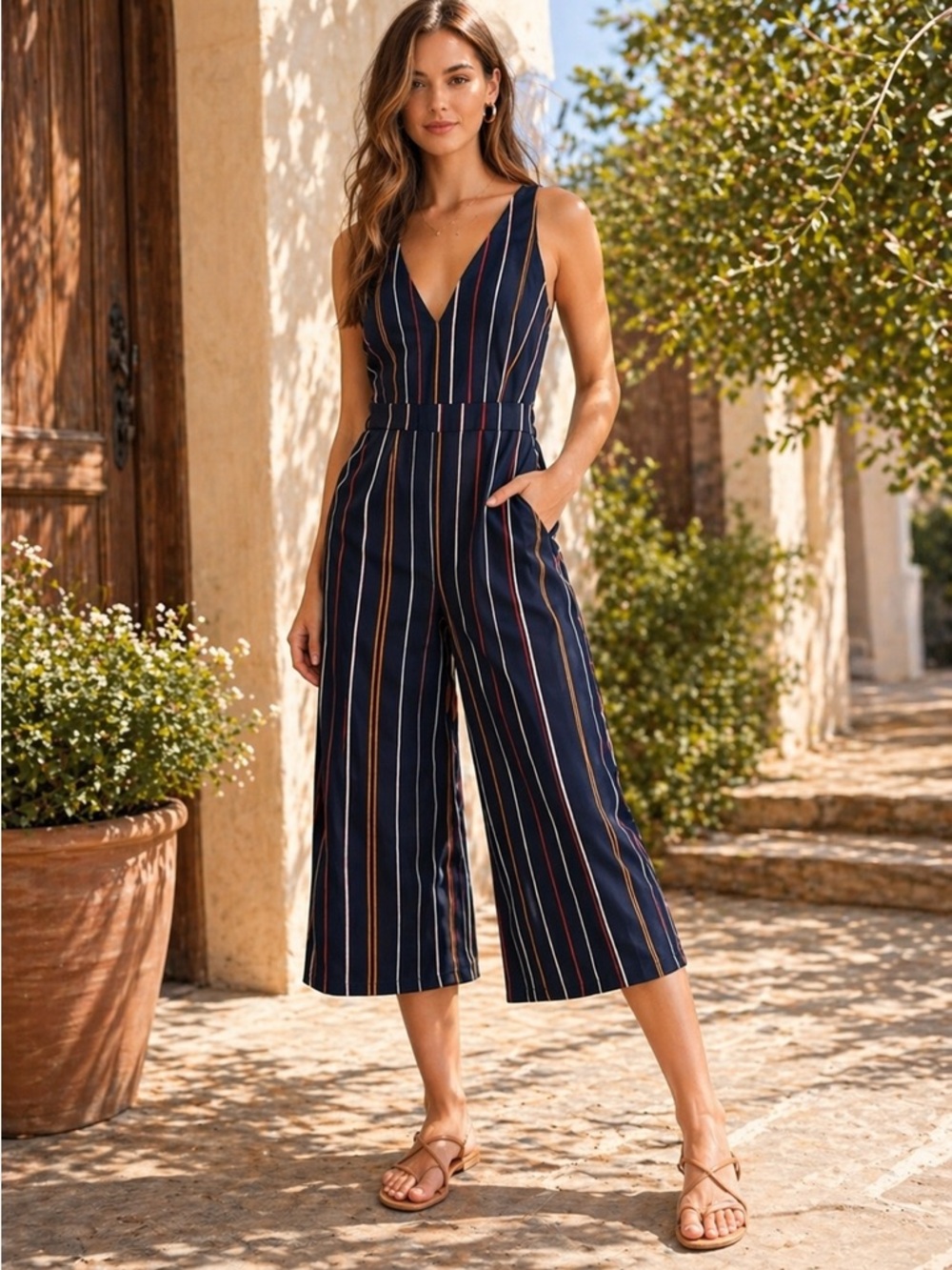 Frank + Oak Navy Striped V-Neck Wide-Leg Jumpsuit - Picture 1 of 10